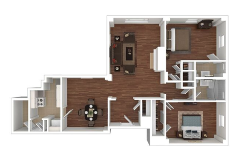 Floor plan for 2 beds, 1.5 baths, 1231 sqft